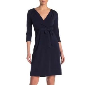 New KENEDIK Navy Faux Wrap Dress with Smocked Shoulder sz M